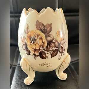 Vintage NAPCOWARE 3 Footed Egg Vase HAND-PAINTED Brown Flowers Trimmed With Gold
